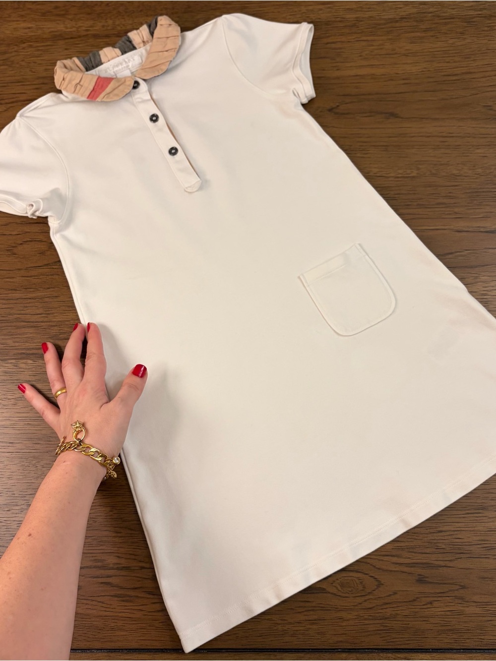 Authentic BURBERRY Girls Polo Dress White Nova Check Collar Designer Kid 5-6 yrs